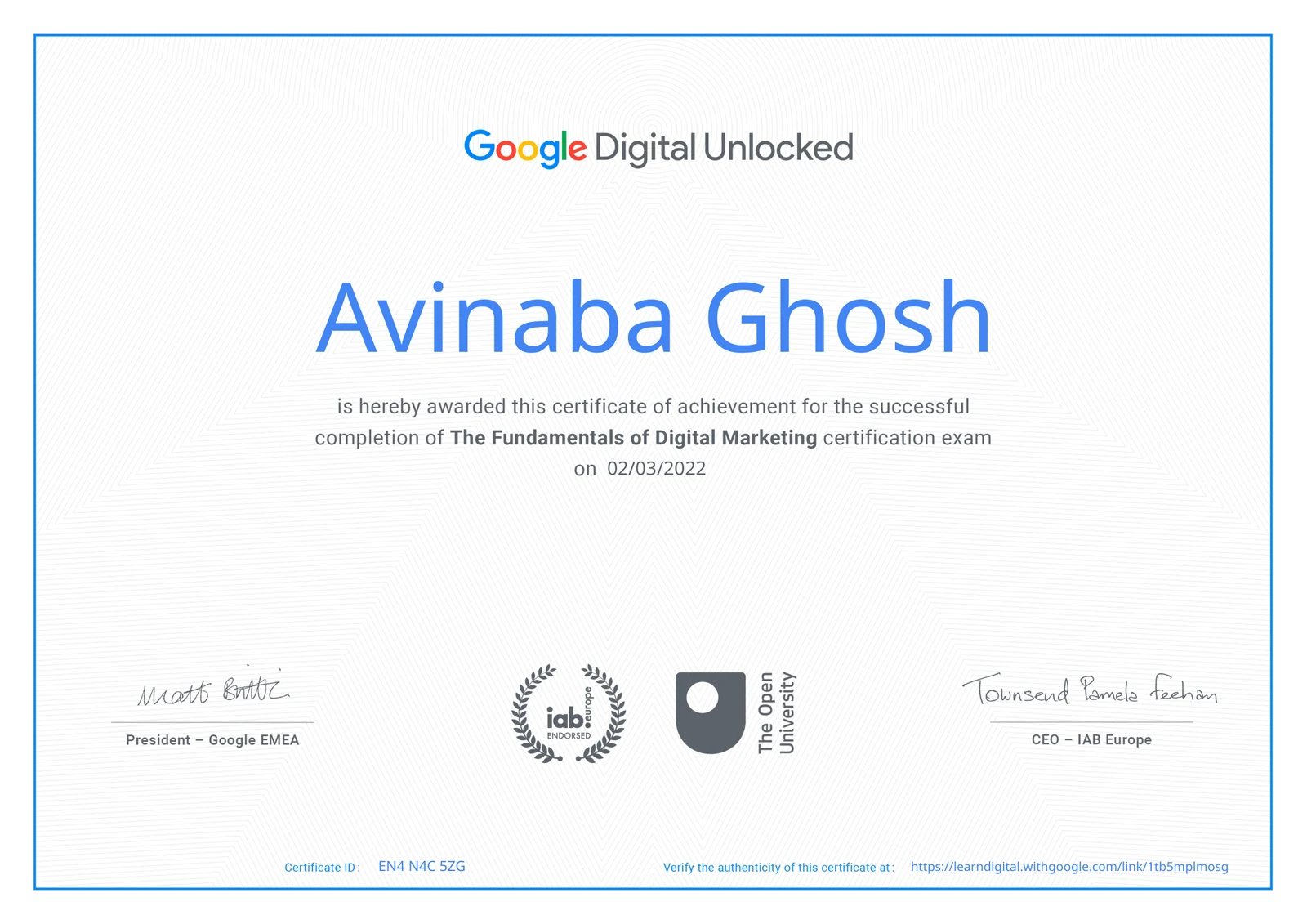 Google Digital Marketing certificate awarded to Avinaba Ghosh